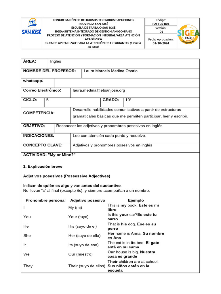 GUÍA INGLÉS 10° CUARTO TRIMESTRE | PDF | Adjetivo | Pronombre