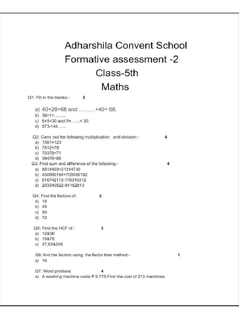 Class 5th Maths Formative Assessment | PDF