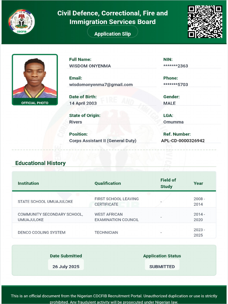 WISDOM ONYENMA Application Slip | PDF