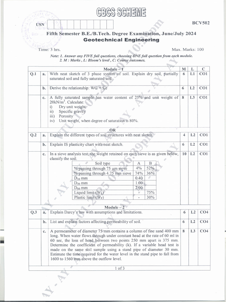 BCV502 Geotechnical Engineering Exam | PDF | Earth Sciences | Continuum ...