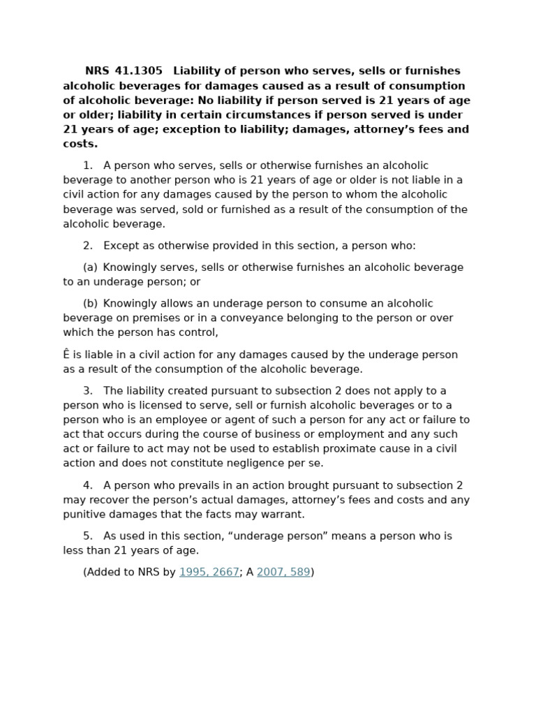 Nevada Dram Laws - NRS 41.1305 | PDF