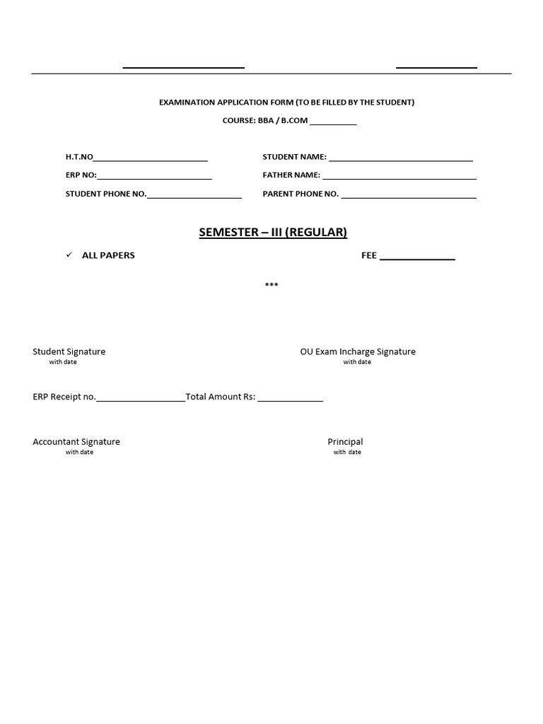 Exam Application Form For Sem III Regular | PDF