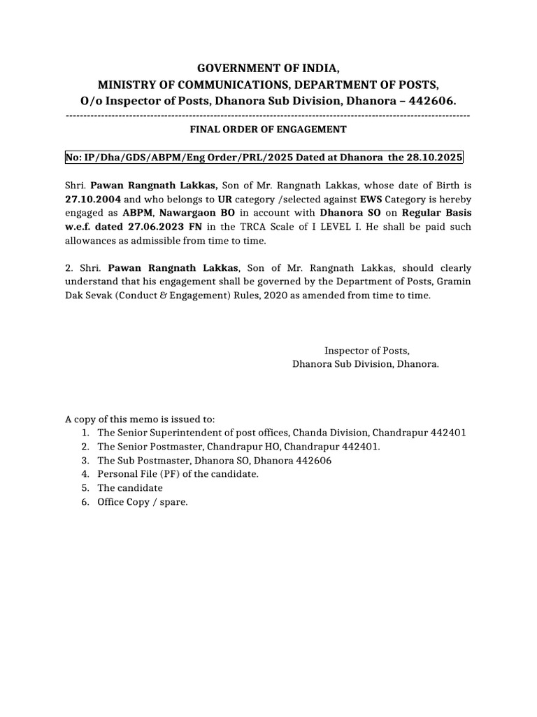 Engagement Order for ABPM in Dhanora | PDF
