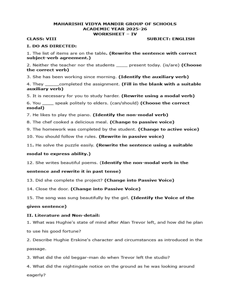 Class VIII English Worksheet 2025-26 | PDF | Verb | Linguistic Morphology