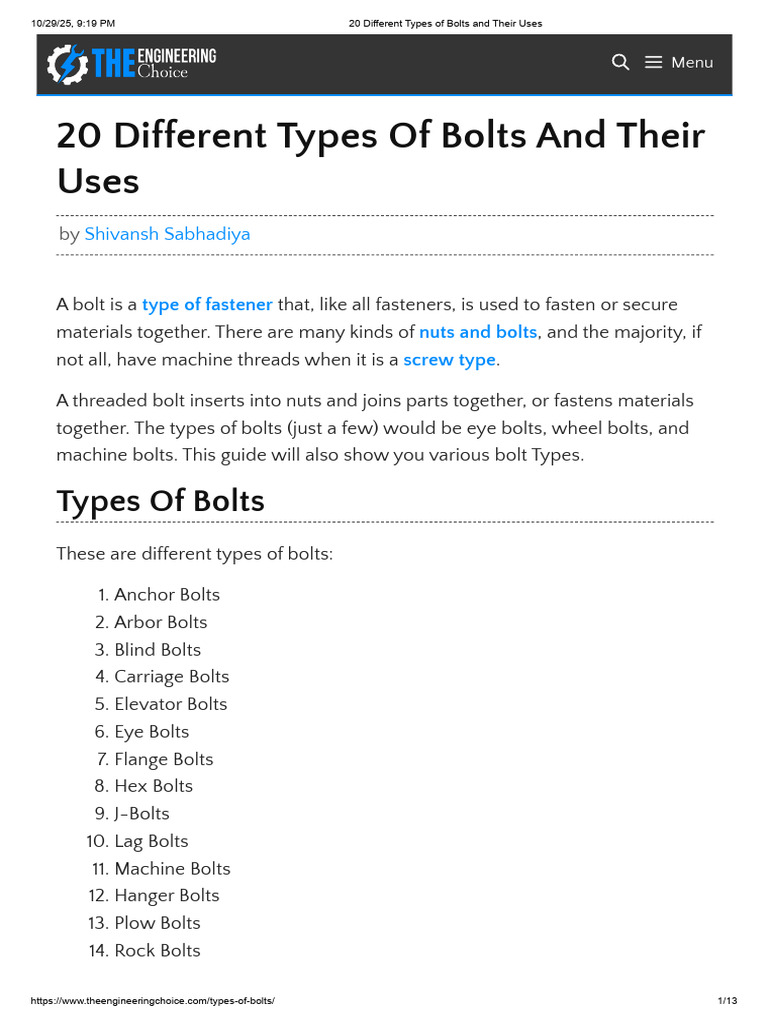 20 Different Types of Bolts and Their Uses | PDF | Screw | Nut (Hardware)