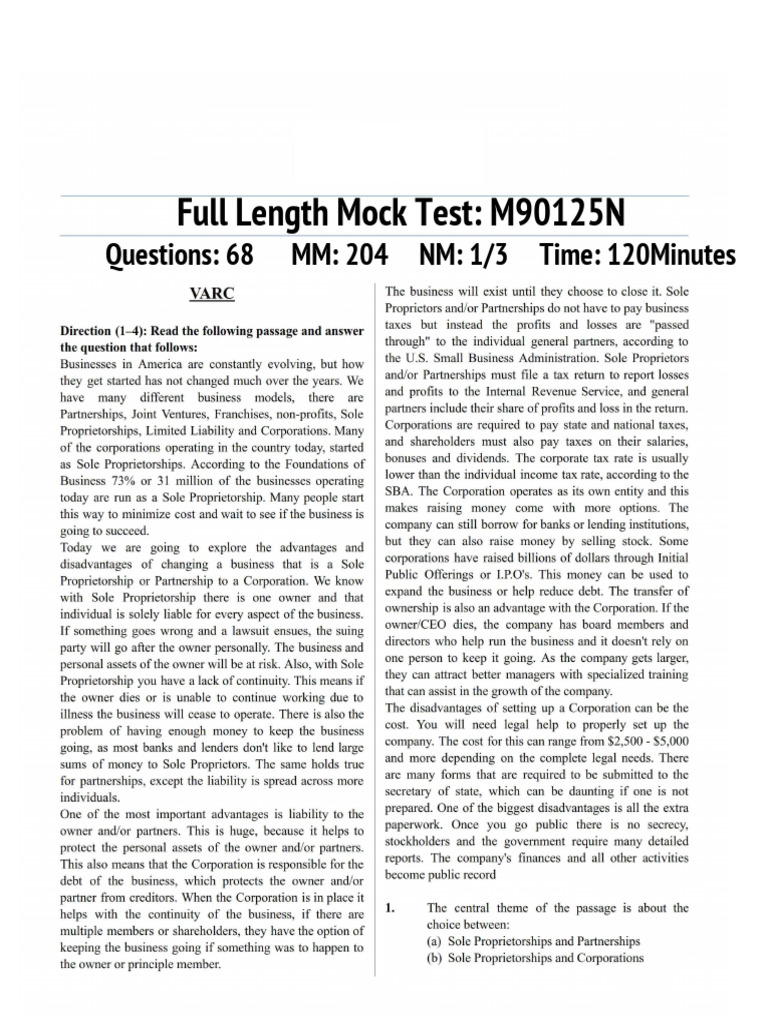 MBA Full Length Mock Test - M90125N | PDF