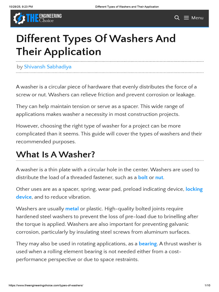 Types of Washers and Their Uses | PDF | Washer (Hardware) | Screw