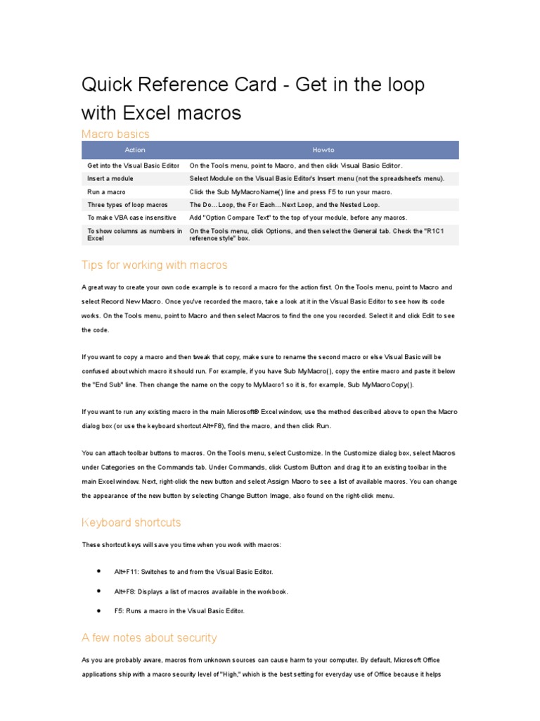 Quick Reference Card | Macro (Computer Science) | Microsoft Excel