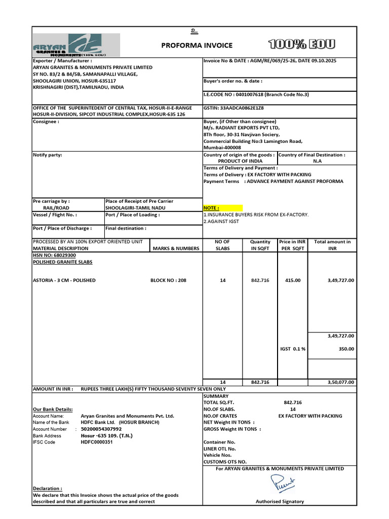 Proforma Invoice for Granite Slabs | PDF