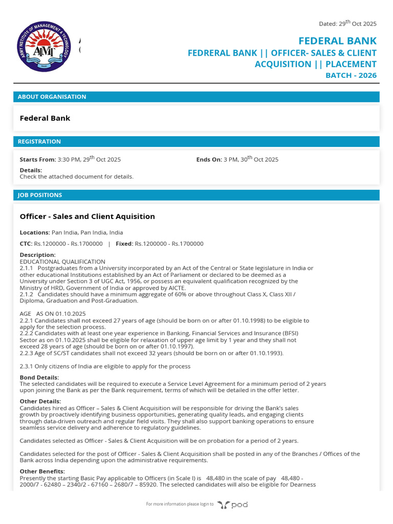Fedreral Bank Officer Sales & Client Acquisition Placement 2025-10 ...
