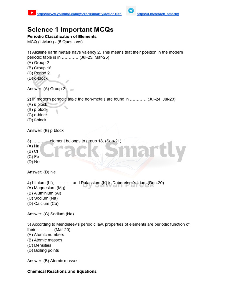 Science 1 Important MCQs | PDF | Chemical Reactions | Periodic Table