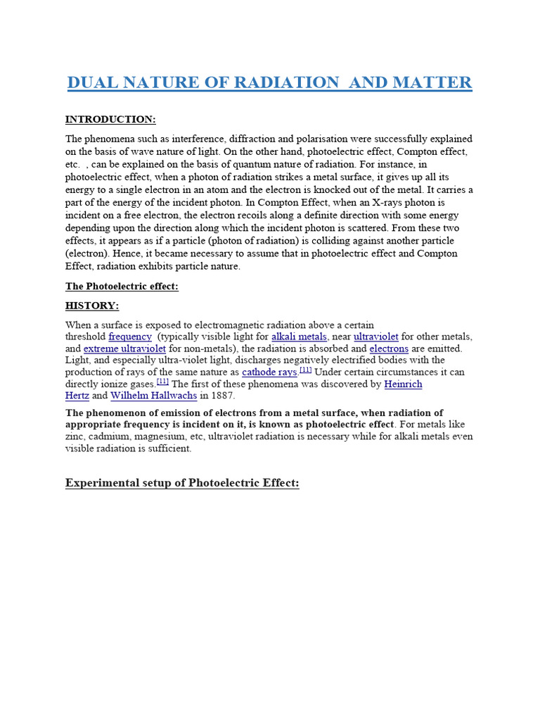 Dual Nature of Radiation and Matter | PDF | Photoelectric Effect ...