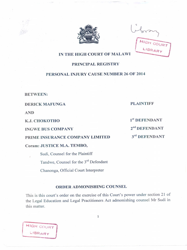 Derick Mafunga vs. K.J. Chokotho, Ingwe Bus Company and Prime Insurance ...