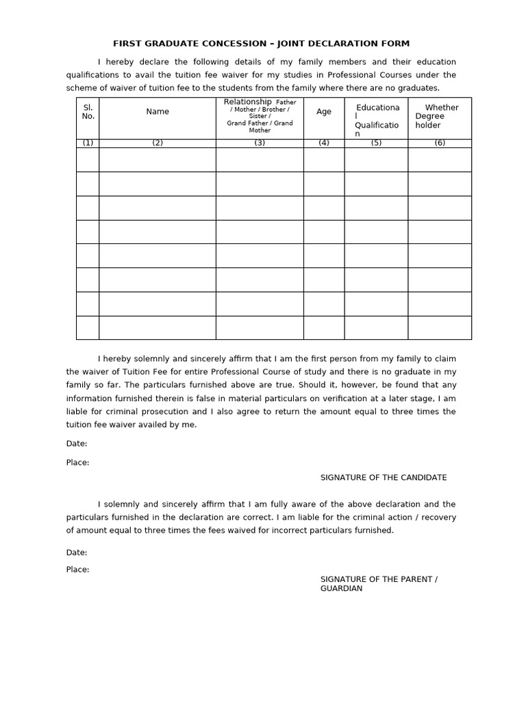 First Graduate Tuition Fee Waiver Form | PDF