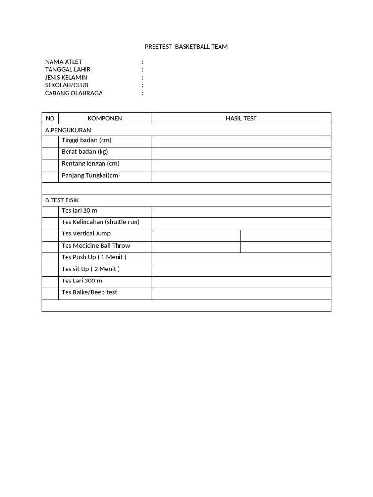 Data Tes Fisik Tim Basket Pretest | PDF