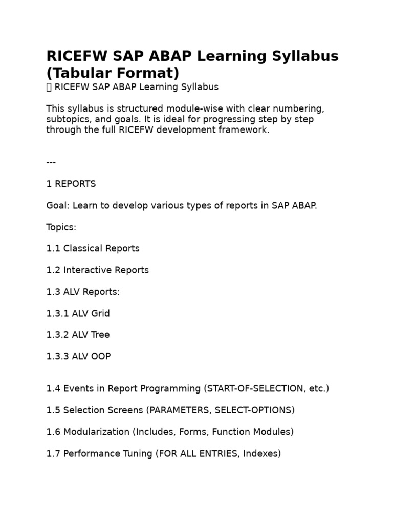 RICEFW SAP ABAP Learning Syllabus | PDF | Computer Programming | Software