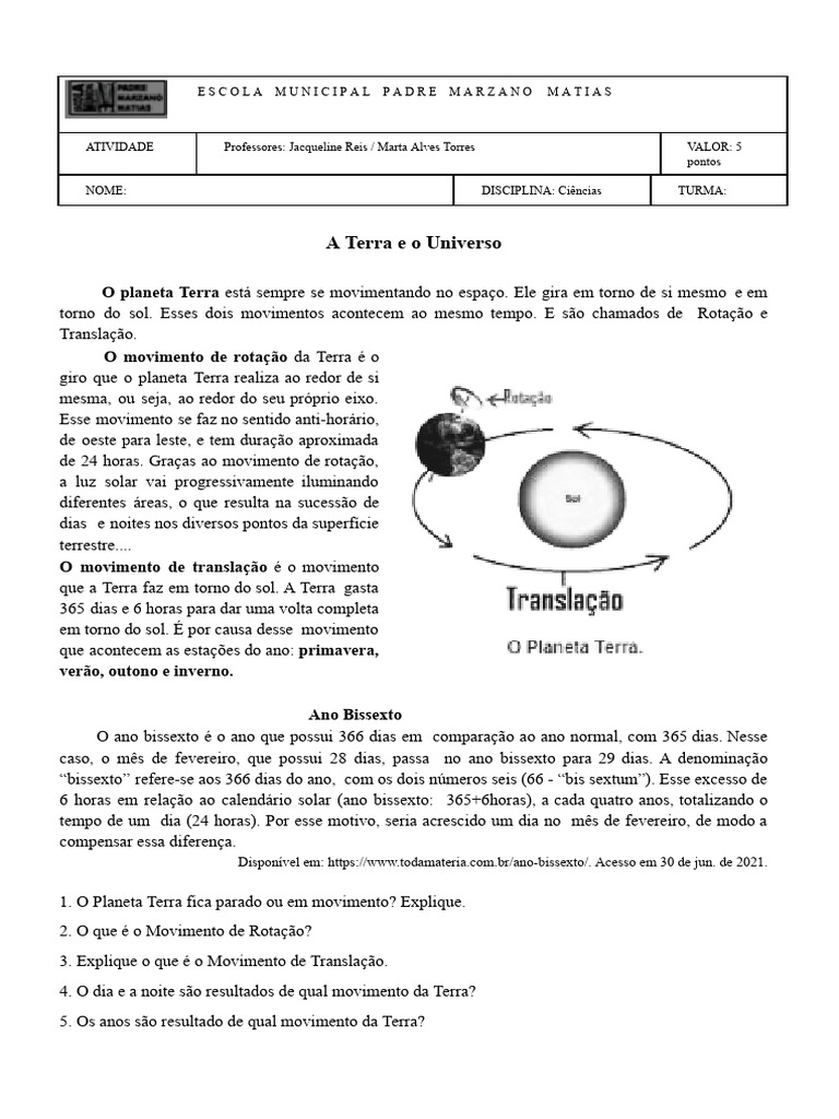 Movimentos da Terra e Fases da Lua | PDF | Terra | Lua