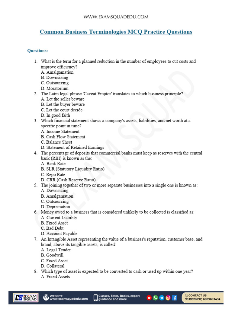 Business Terminology MCQ Practice | PDF | Repurchase Agreement | Fixed ...