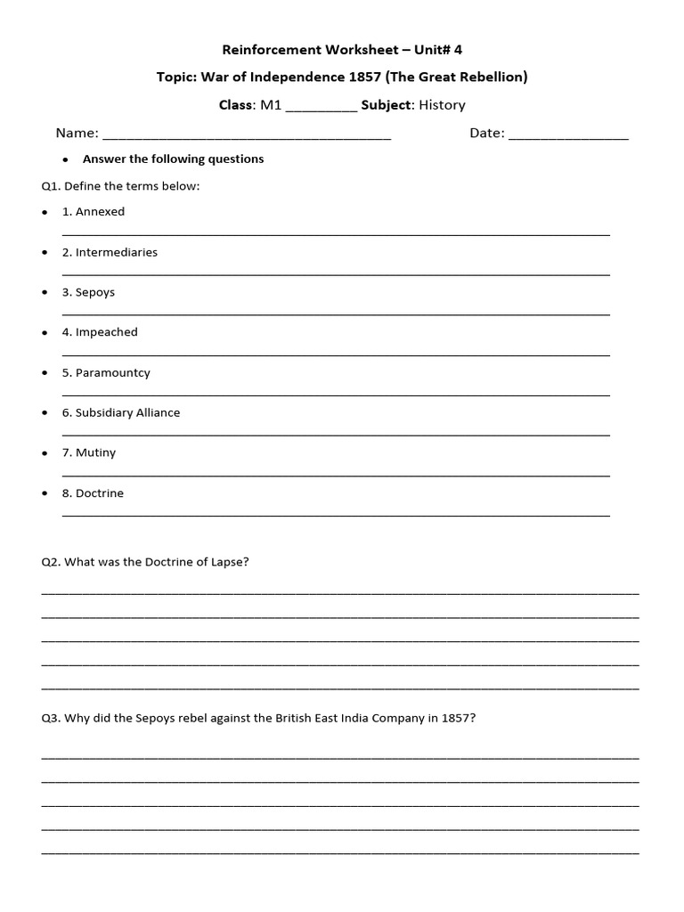 War of Independence 1857 Worksheet | PDF | Indian Rebellion Of 1857