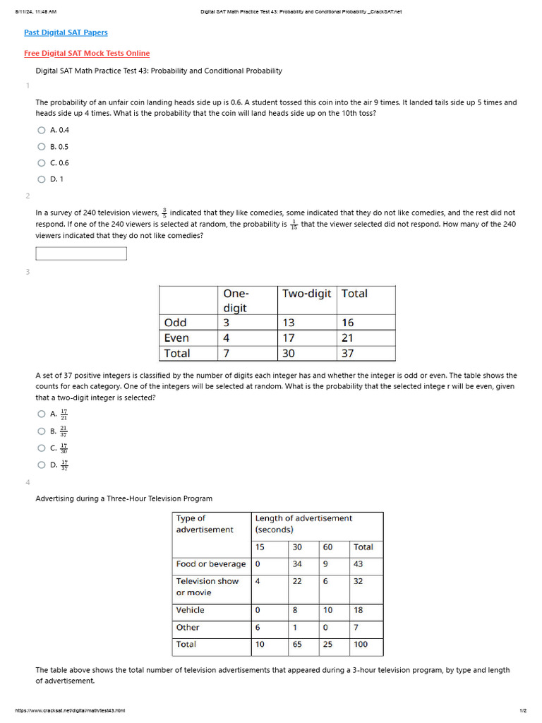 Digital SAT Math Practice Test 43 - Probability and Conditional ...