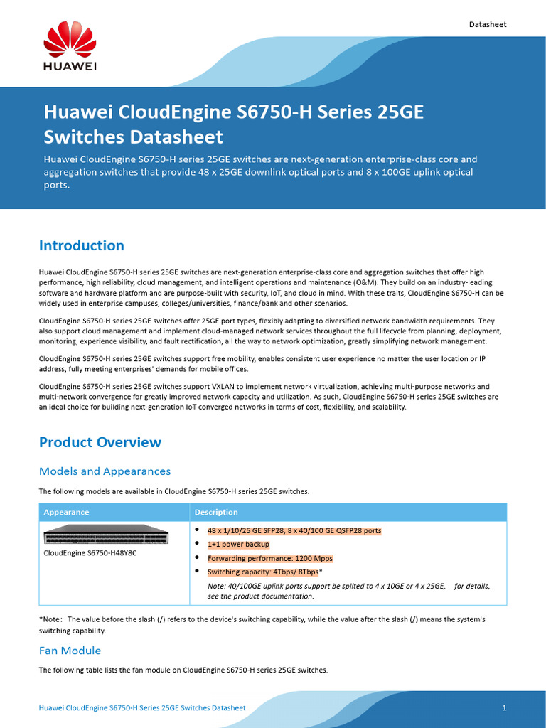 Huawei CloudEngine S6750-H48Y8C Datasheet | PDF | Computer Network ...