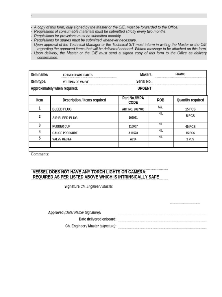 FRAMO Spare Parts Requisition Form | PDF | Equipment