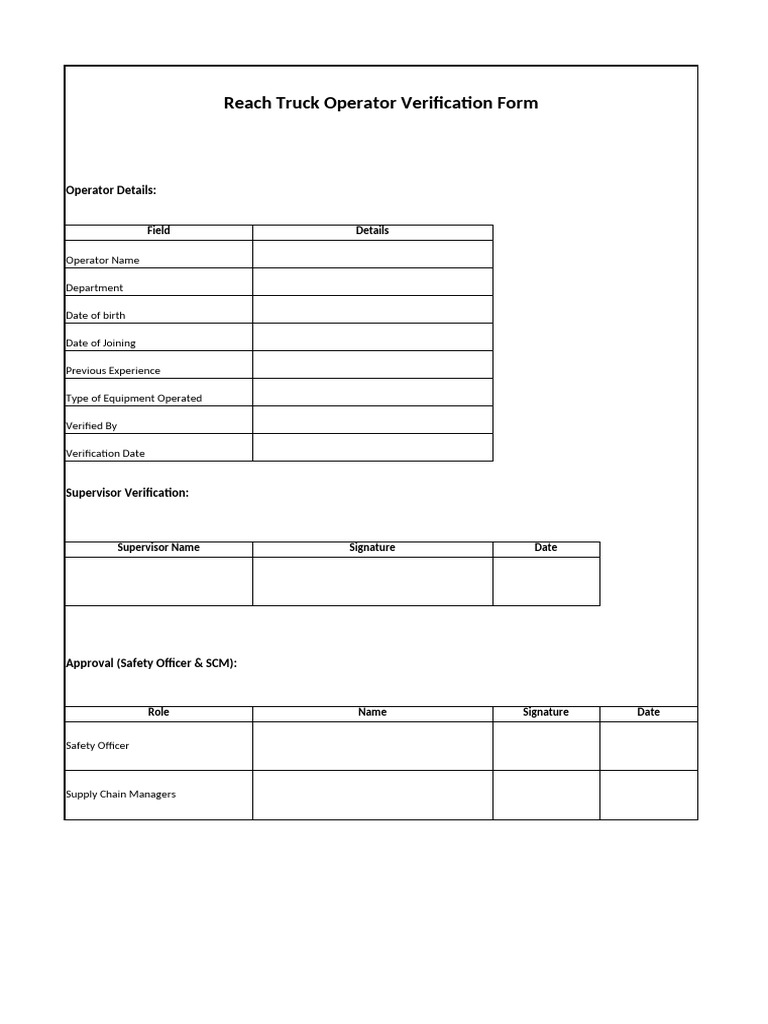 Reach Truck Operator Verification Form | PDF