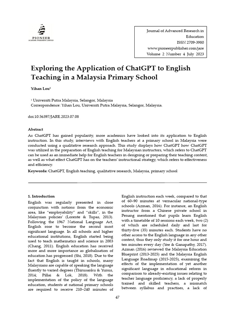 ChatGPT in Malaysian Primary English Teaching | PDF | Teachers ...