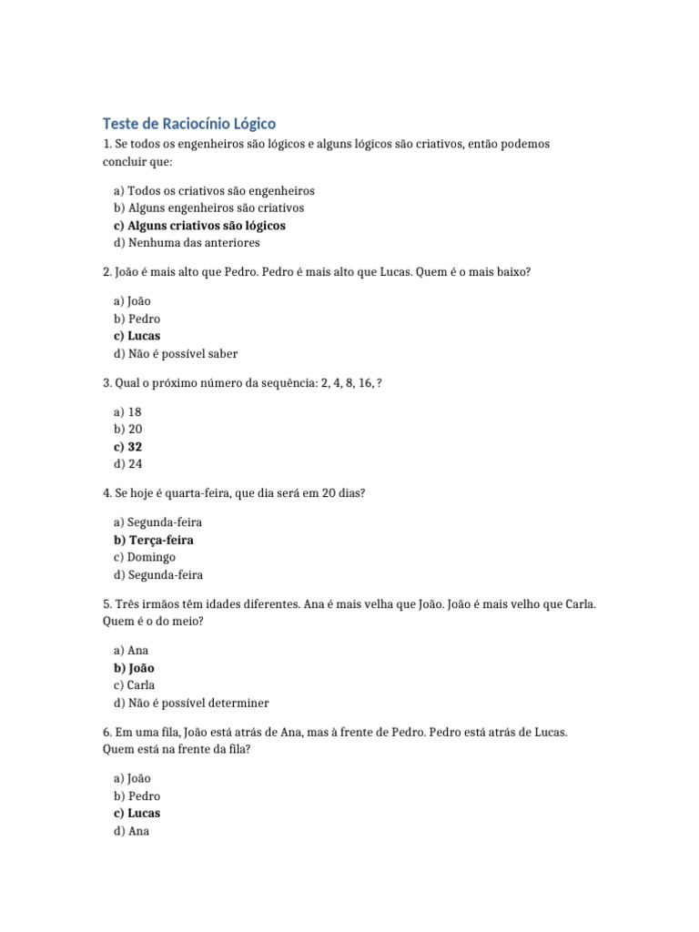Teste de Raciocínio Lógico e Questões | PDF