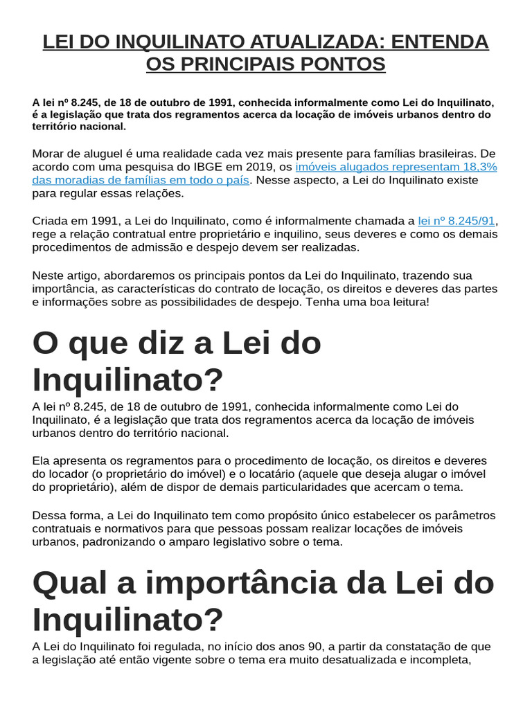 Lei do Inquilinato: Principais Pontos | PDF | Aluguel | Despejo