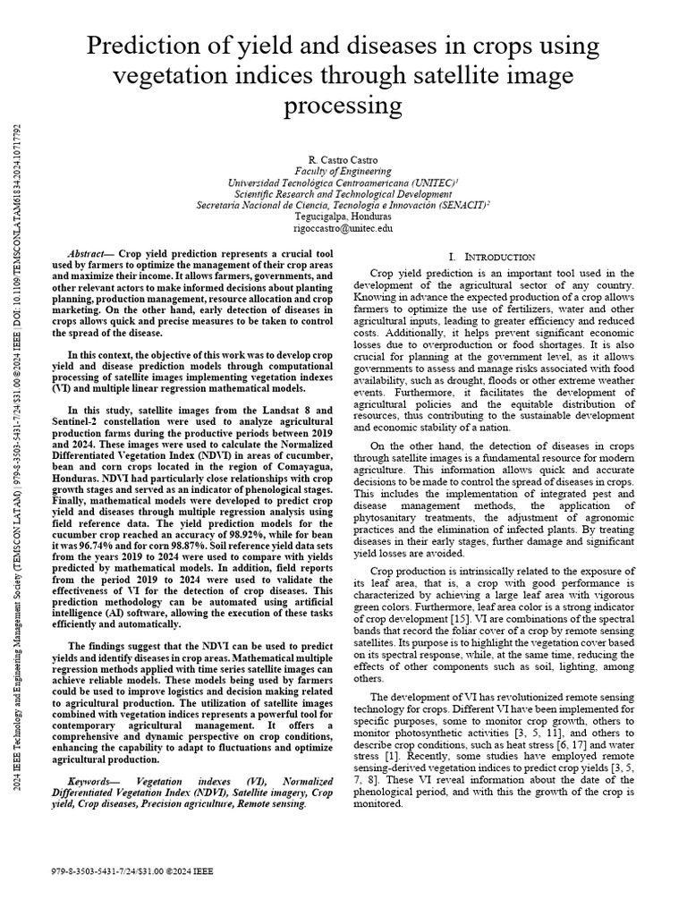 Prediction of Yield and Diseases in Crops Using Vegetation Indices ...