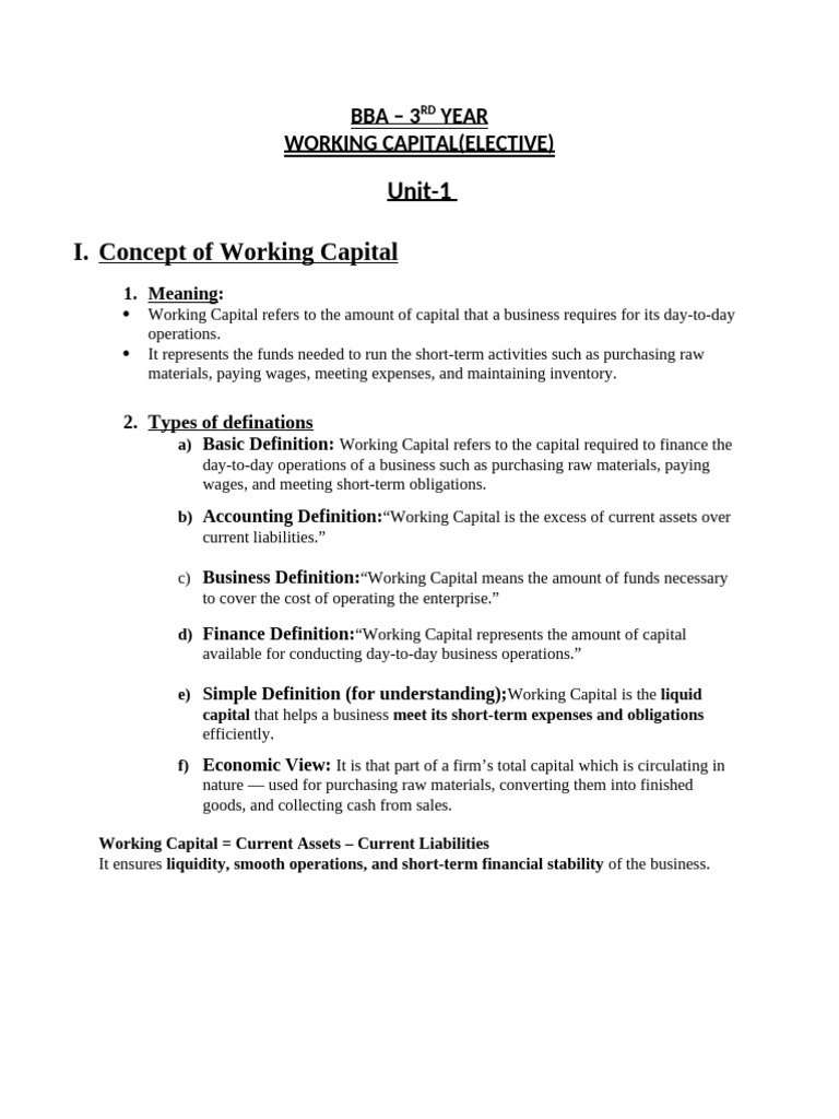 BBA 3yr Unit-1 Working Capital (Elective) | PDF | Working Capital | Market  Liquidity