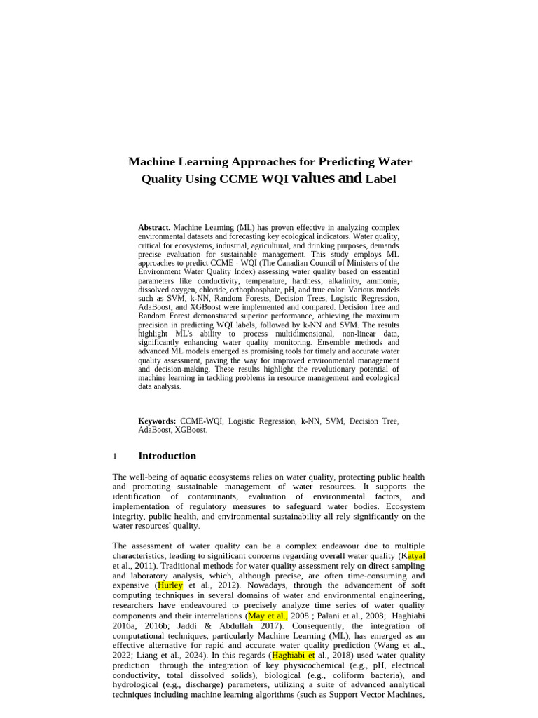 ML Techniques for CCME Water Quality Prediction | PDF | Machine ...