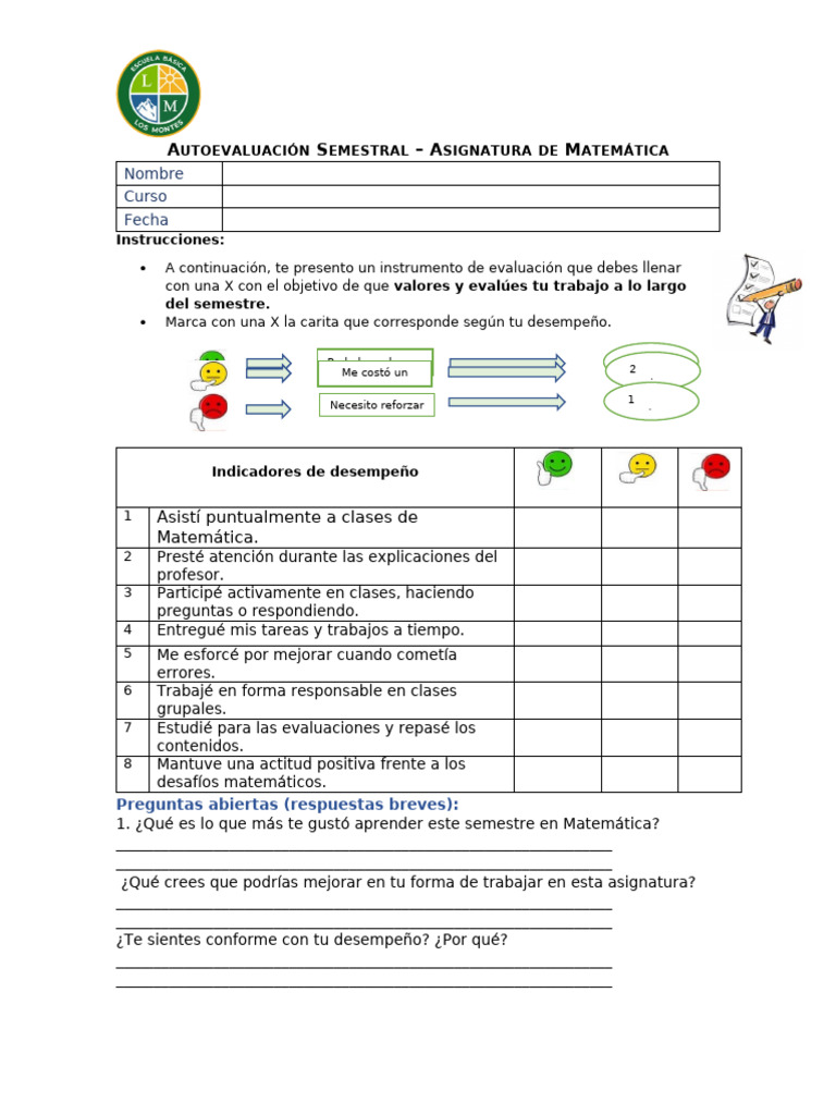 Autoevaluación Semestral en Matemáticas | PDF | Cognición | Aprendizaje