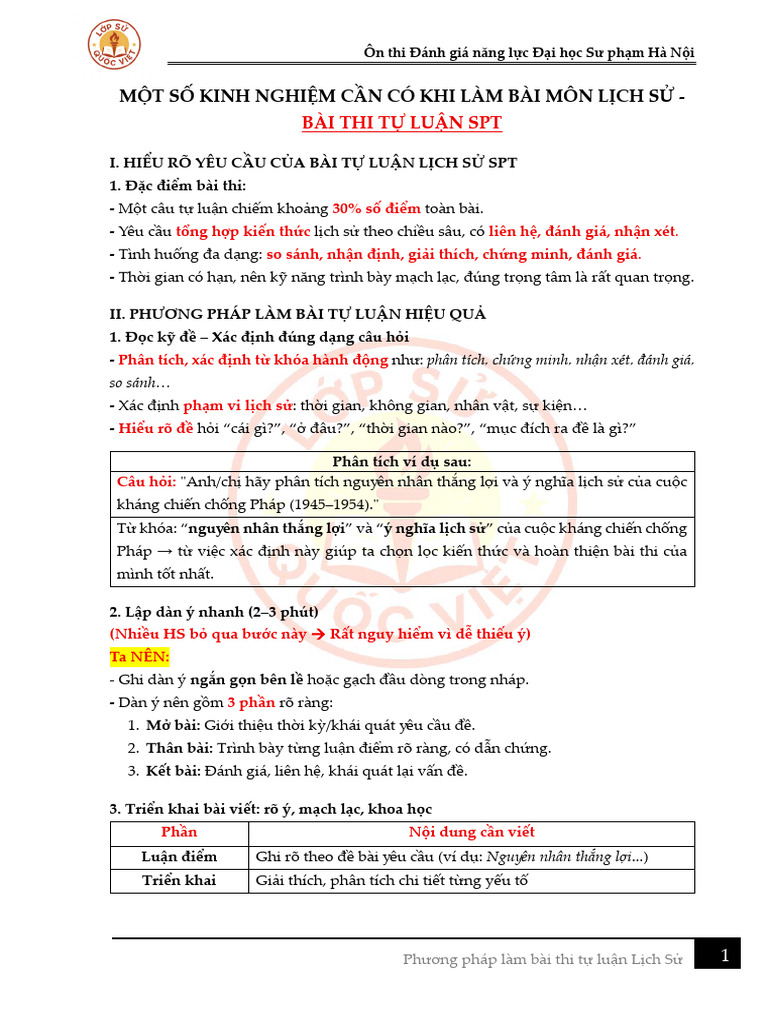 (Lsqv) Một Số Lưu ý Khi Làm Bài Tự Luận Lịch Sử | PDF