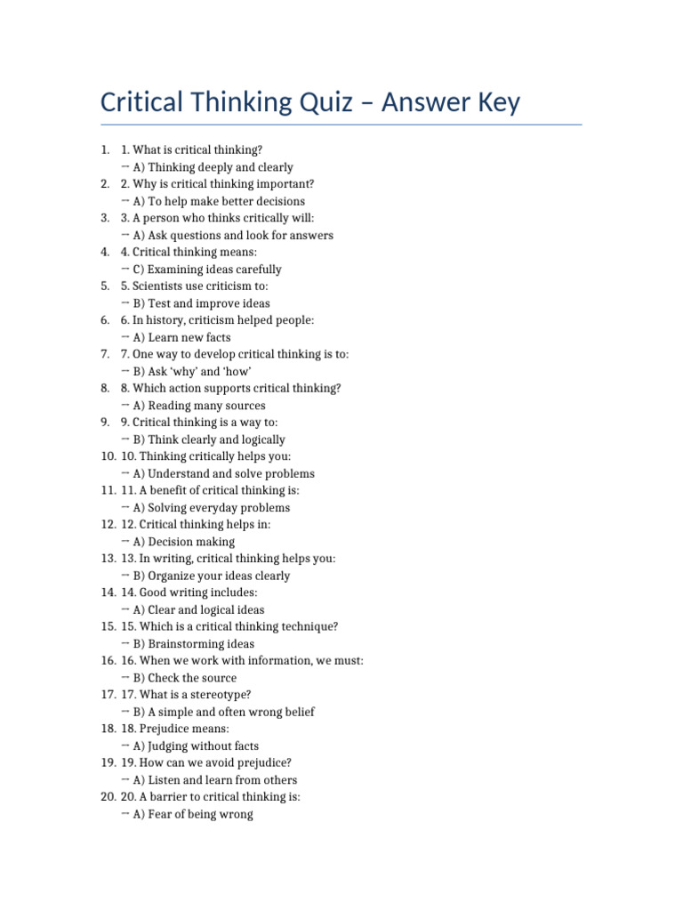 Critical Thinking Quiz Answer Key | PDF | Design Thinking | Critical ...