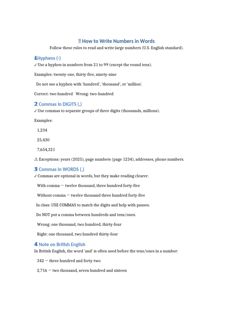Writing Numbers in Words Guide | PDF