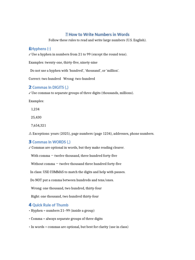 Writing Numbers in Words Guide | PDF