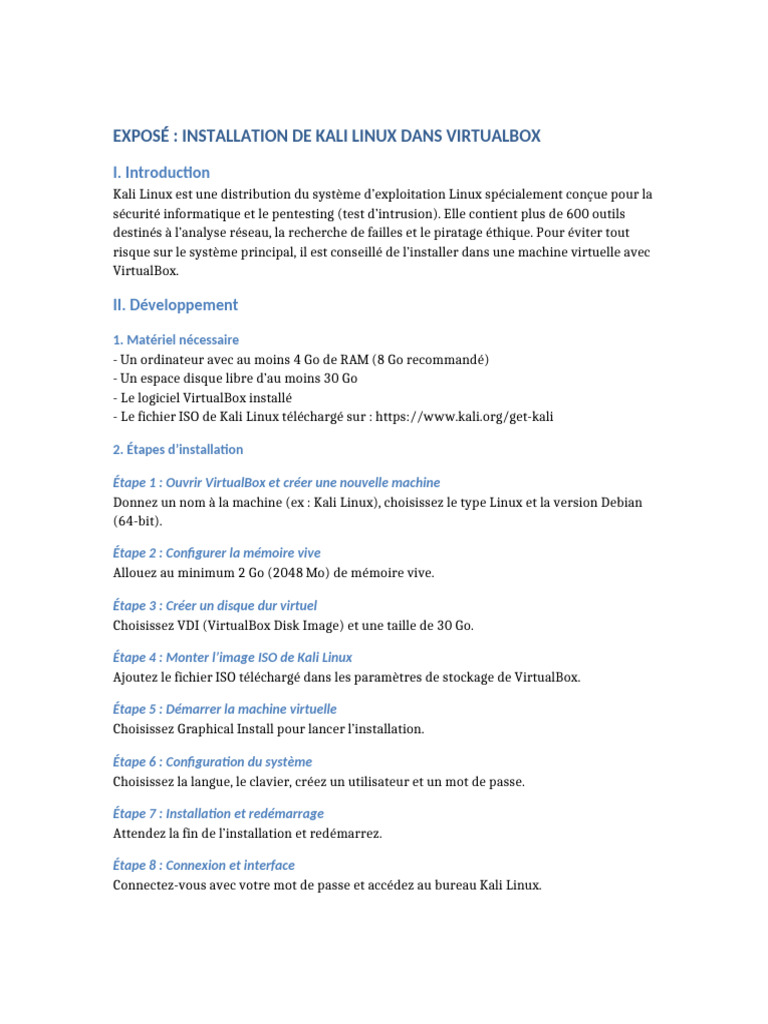Installer Kali Linux sur VirtualBox | PDF