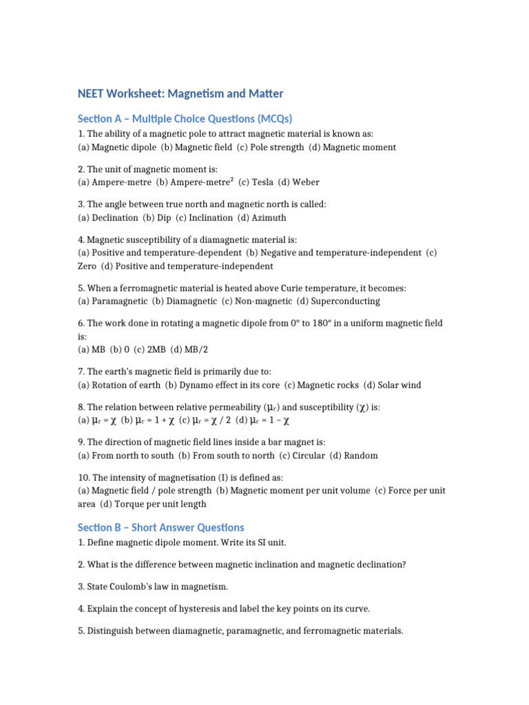 NEET Magnetism Worksheet MCQs & Problems | PDF