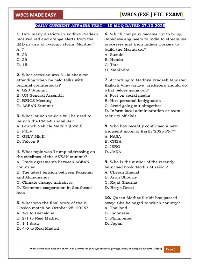 Daily Current Affairs 10 Mock Test DCA 10 For 27.10.2025 | PDF