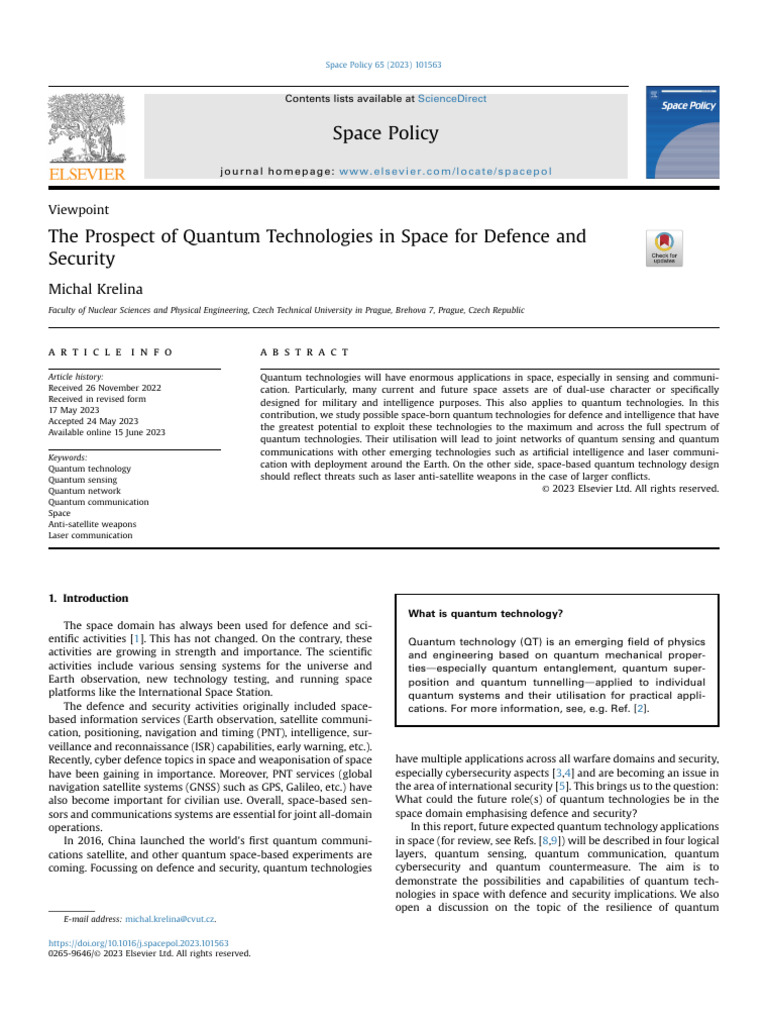 The Prospect of Quantum Technologies in Space For Defence and Security ...