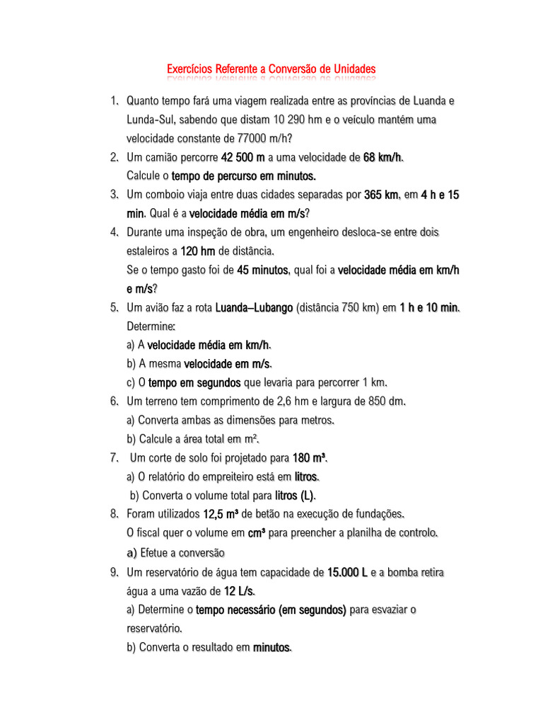 Exercícios de Conversão de Unidades | PDF