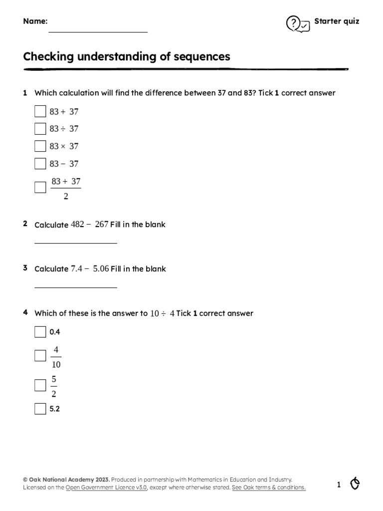Understanding Sequences Starter Quiz | PDF