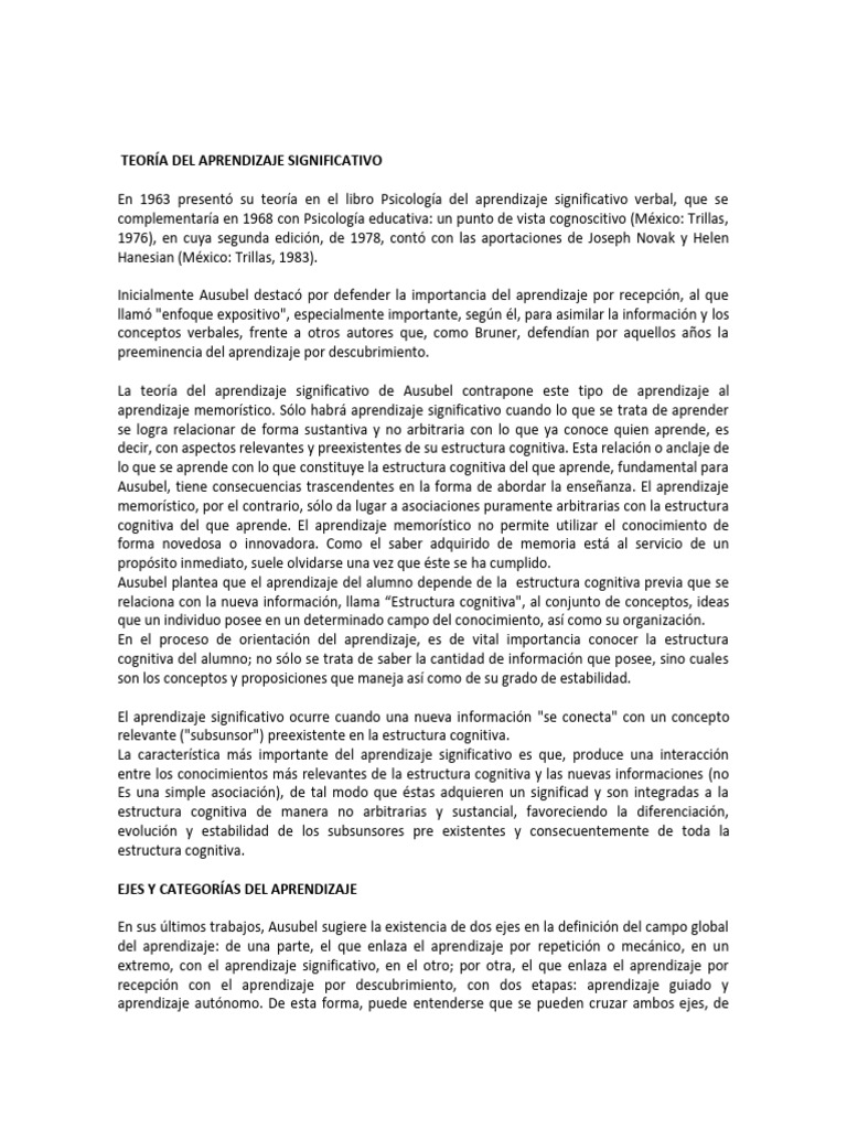 Teoría del Aprendizaje Significativo de Ausubel | PDF | Aprendizaje ...