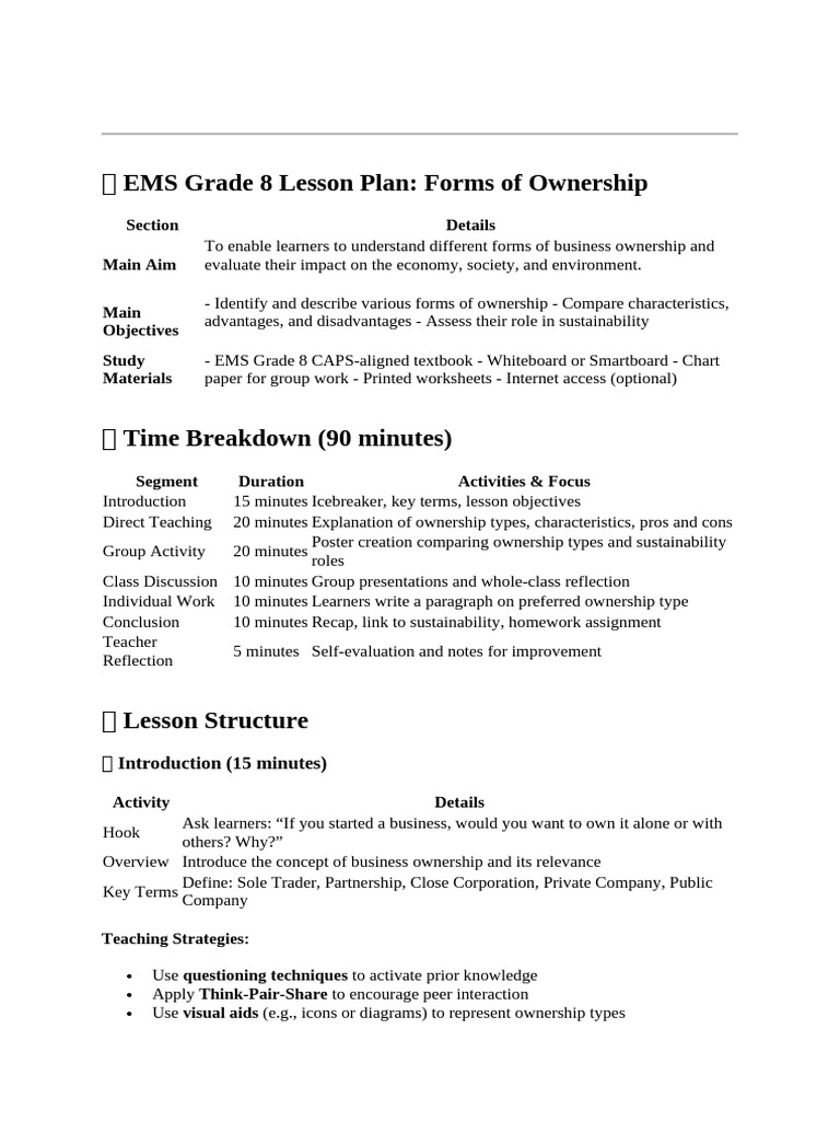 ? EMS Grade 8 Lesson Plan | PDF | Lesson Plan | Sustainability