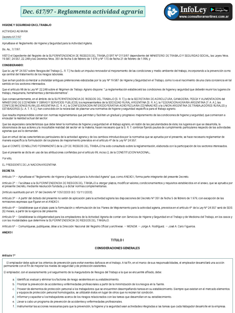 Reglamento de Higiene Agraria 617/97 | PDF | Seguridad y salud ...