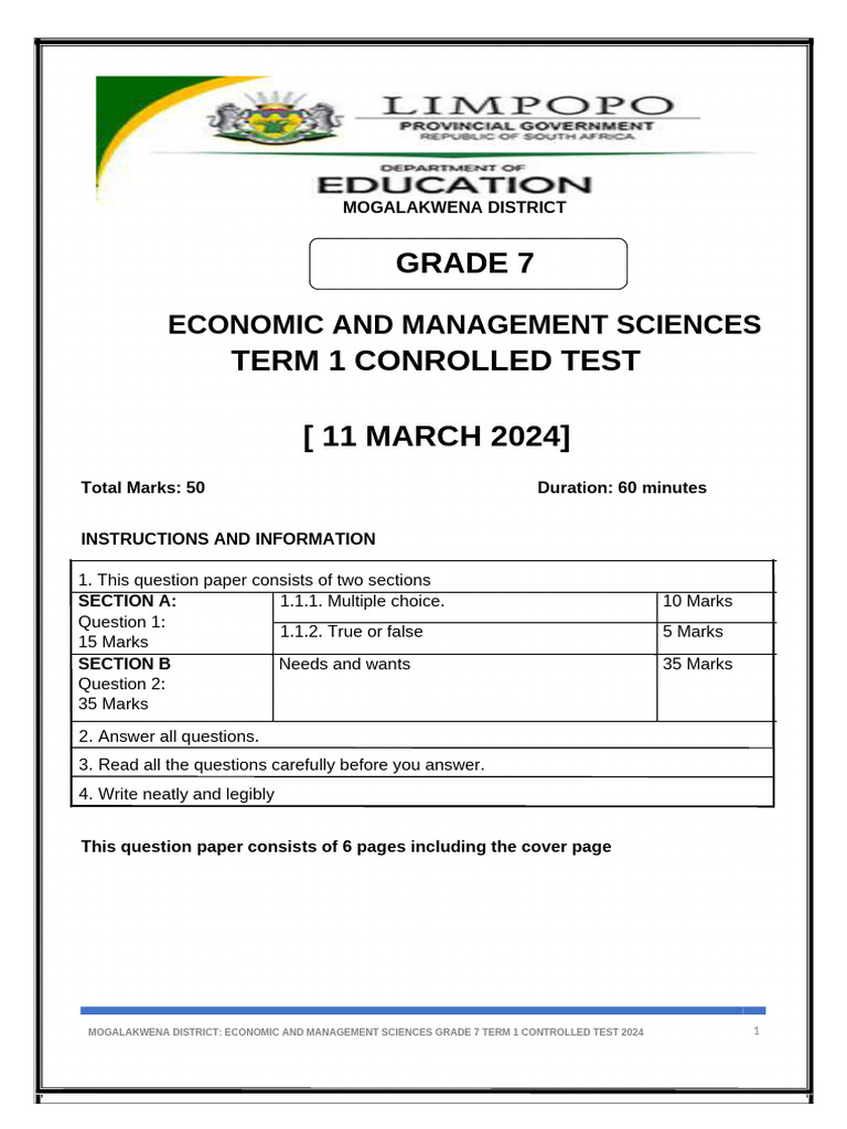 Grade 7 EMS Term 1 Test 2024 | PDF | Money | Foreign Exchange Market