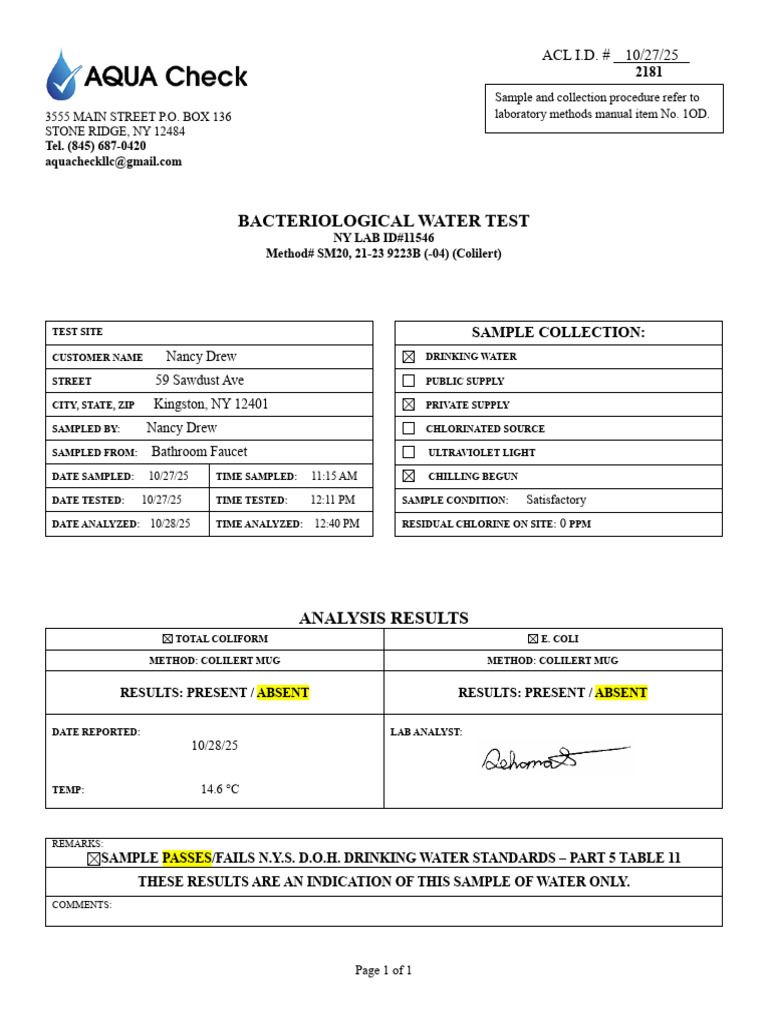 Bacteriological Water Test Results | PDF | Water Supply