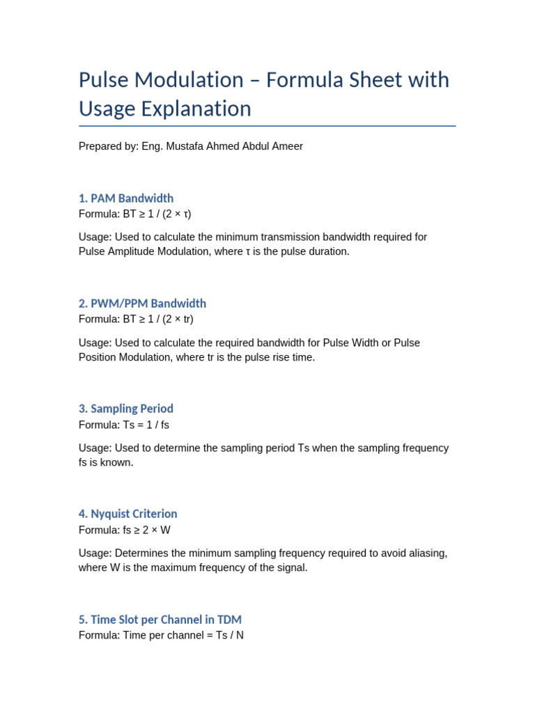 Pulse Modulation Formulas and Usage Guide | PDF